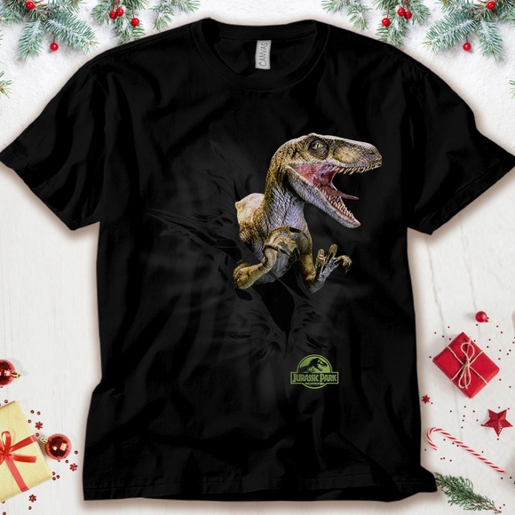 Jurassic Park Velociraptor Tears Through Unisex Tee Adult T-shirt Kid Shirt - Picture 1 of 2